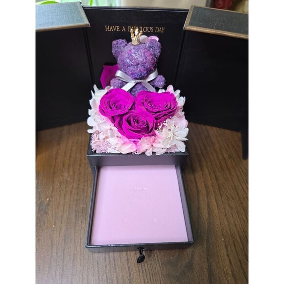 Luxury Black Gift Box With Purple Teddy Bear Preserved Roses & Decorative Flower - Picture 6 of 14